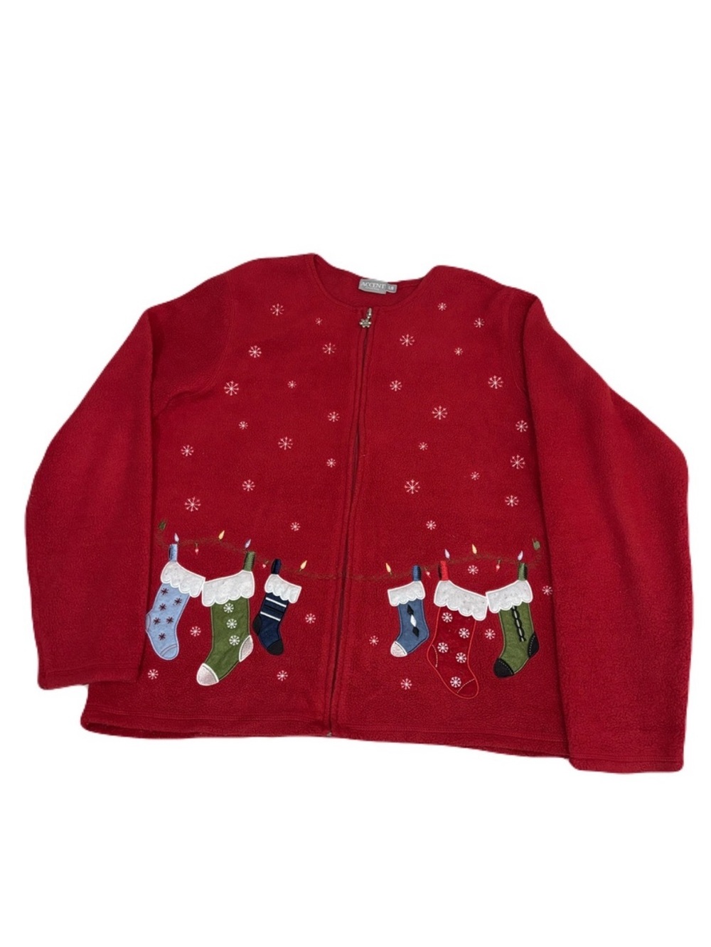 Vintage Red Fleece Christmas Zip-up Jacket with Holiday Stockings - Picture 2 of 6